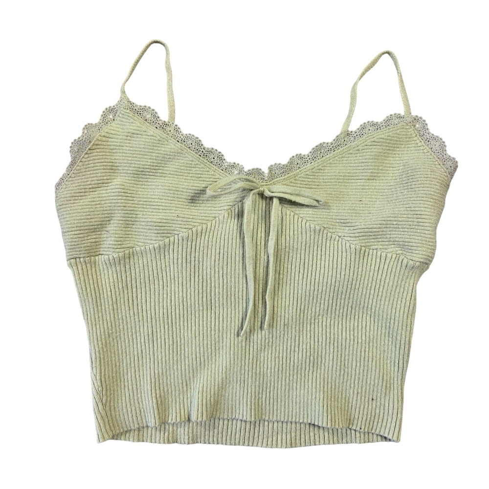 LA Hearts Womens XS Sage Green Ribbed Knit Lace Trim Cropped Camisole Tank Top